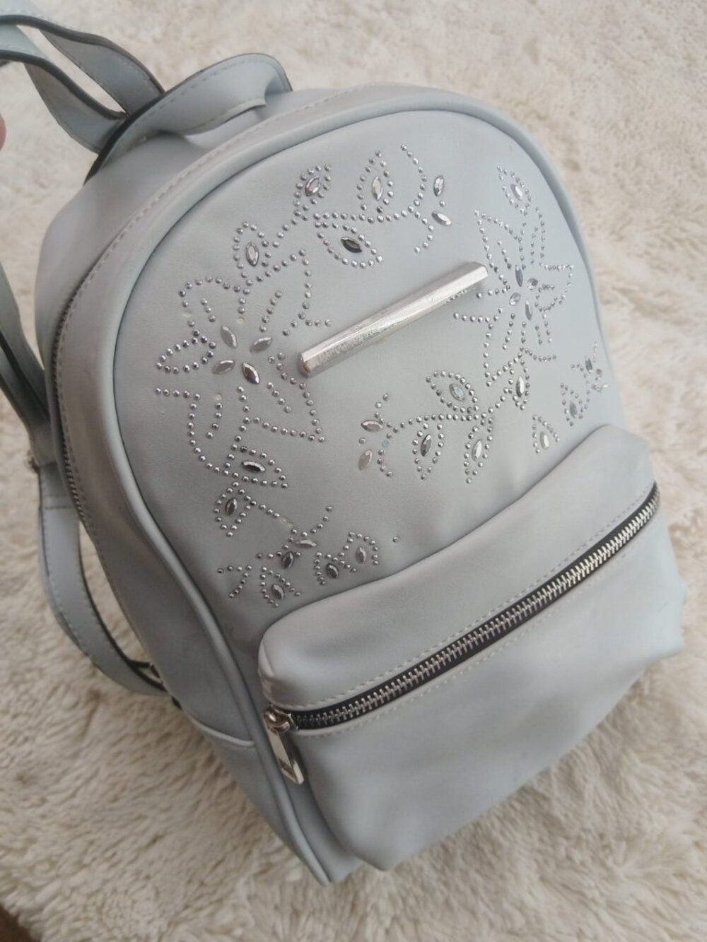 Call It Spring Light Grey Studded Rhinestone Mini Backpack Faux Leather